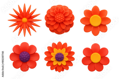 Set of six different colored flowers, all of which are orange