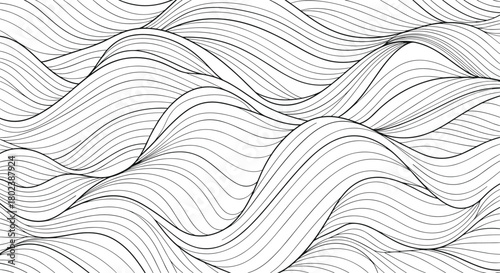 Abstract flowing lines create a dynamic wave pattern, resembling water or sand dunes, in a monochrome illustration.