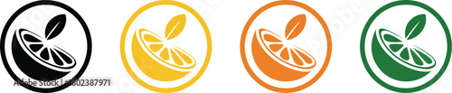 Stylized vector icon set of citrus fruit wedges with leaves, presented in circular frames. Includes colorful variations for orange, lemon, lime, and a black and white option