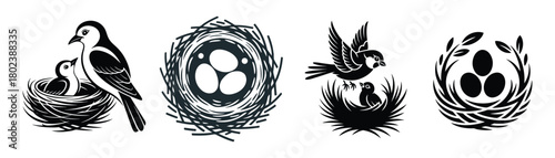 Mother Bird and Chick Nest Vector Icon Illustration