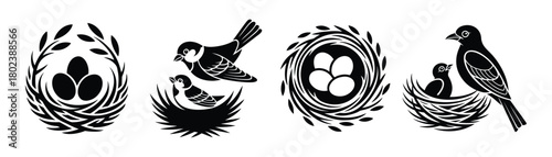 Bird Nest with Eggs and Chicks Vector Icon Illustration