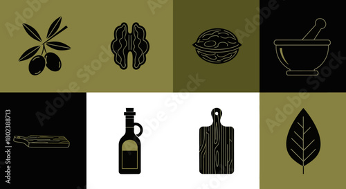 Elegant kitchen icons: olives, nuts, and cooking tools in chic linear design