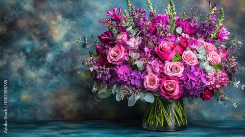 A vibrant mix of purple and pink flowers fills a clear vase