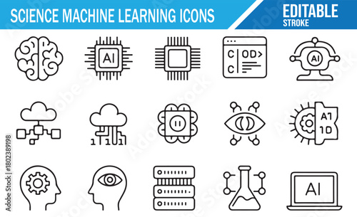 Thin Line Style Artificial Intelligence Icons Including Algorithms, Robotics, Databases, Neural Networks, and Cloud Systems