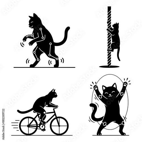 Cat workout silhouette black cat doing human activities isolated on walking, climbing, riding and dancing