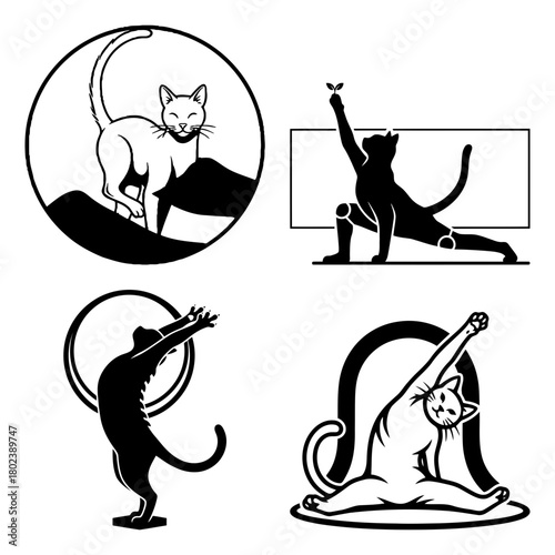 Cat workout silhouette set of four yoga cats silhouettes isolated on performing different yoga poses