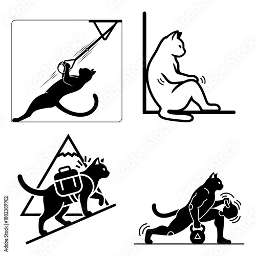 Cat workout silhouette collection of black and white cat silhouettes doing sports isolated on