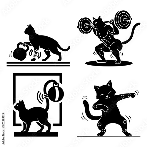 Cat workout silhouette collection of black cat silhouettes doing sports isolated on funny animal