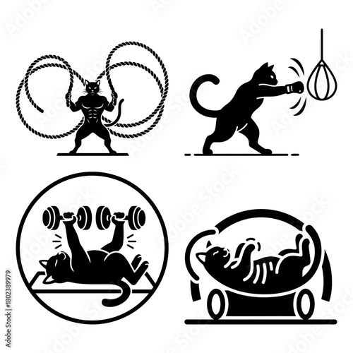 Cat workout silhouette funny cat doing fitness and sport exercises, isolated on vector illustration