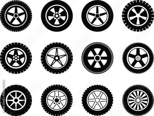 Collection of 12 Various Automobile Wheel and Tire Designs