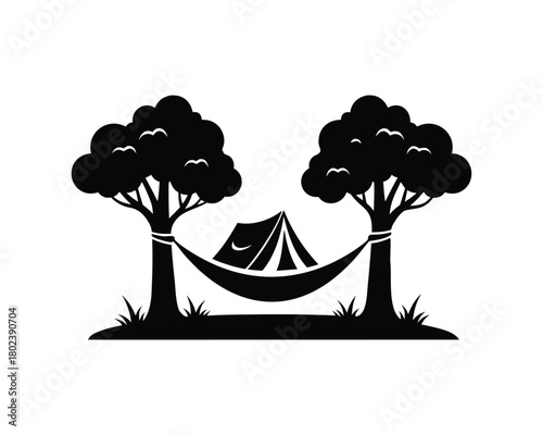 Camping tent and hammock between trees silhouette vector