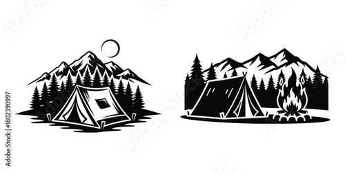 Camping tent mountain and campfire vector illustration set