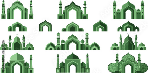 Collection of Green Mosque Silhouettes and Islamic Architectural Elements.