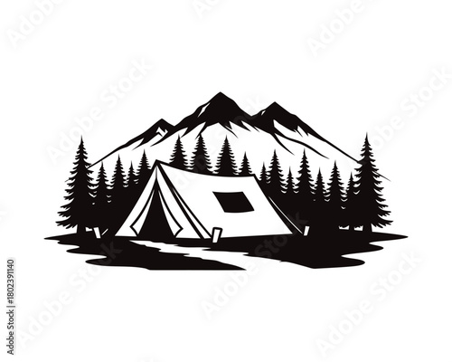 Camping tent mountain forest silhouette black vector icon