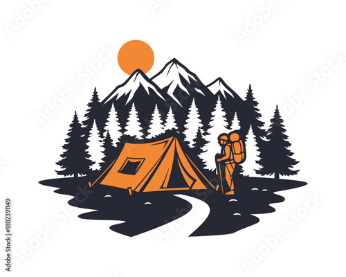 Hiker camping tent mountain forest adventure vector illustration