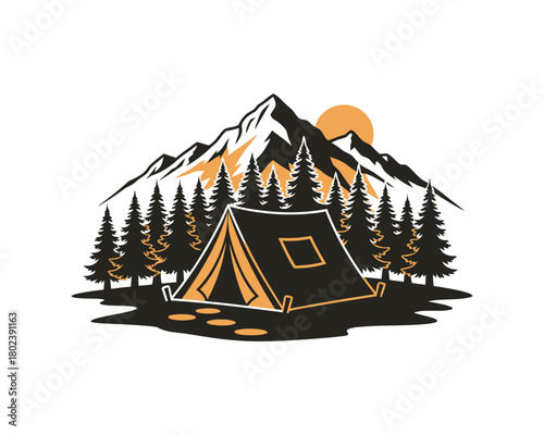 Camping tent mountain forest sunrise vector illustration logo