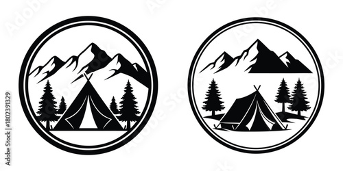 Camping and mountain adventure round badge logo vector set
