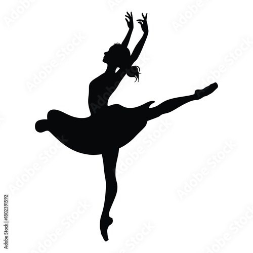 Silhouette of a young female ballerina elegantly balancing and extending her leg gracefully with transparent background