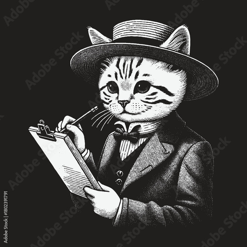 A dapper cat in a vintage suit and hat meticulously takes notes on a clipboard.