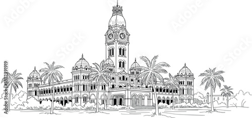 Ripon Building in Chennai India line art illustration Historical colonial architecture landmark sketch.