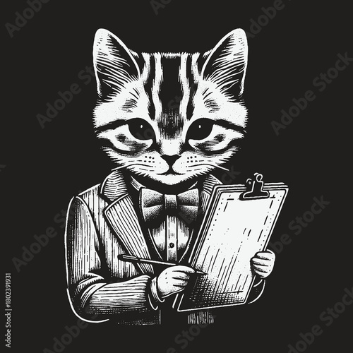 Professional Tabby Cat in a Suit Holding a Clipboard.