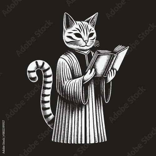 An intelligent tabby cat in a robe reading a book illustration.