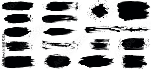 Set of Black Grunge Paint Brush Strokes and Ink Blots.
