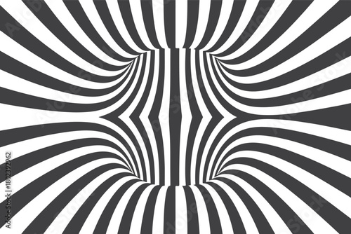  Vivid black-and-white abstract pattern featuring sweeping curves that converge into a tunnel-like form, creating depth and movement. A striking, modern design suitable for art.