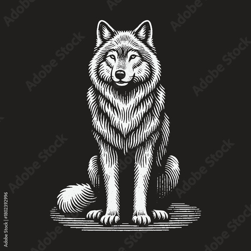 Majestic Wolf Sitting in Engraved Woodcut Style Illustration.
