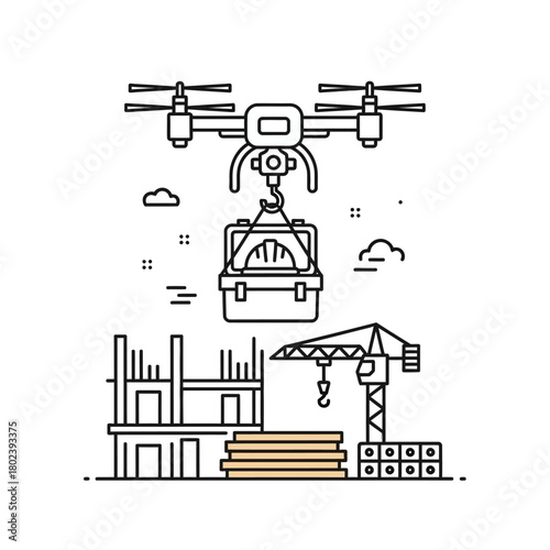 Line Art Drone Delivering Construction Toolbox to Building Site with Crane.