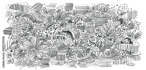 Detailed Abstract Monochrome Doodle Pattern Showcasing Intricate Botanical Elements and Organic Textures in a Hand-Drawn Style