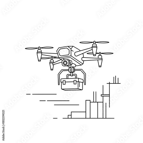 A technical line art illustration of a modern quadcopter delivery drone with a camera carrying a package.