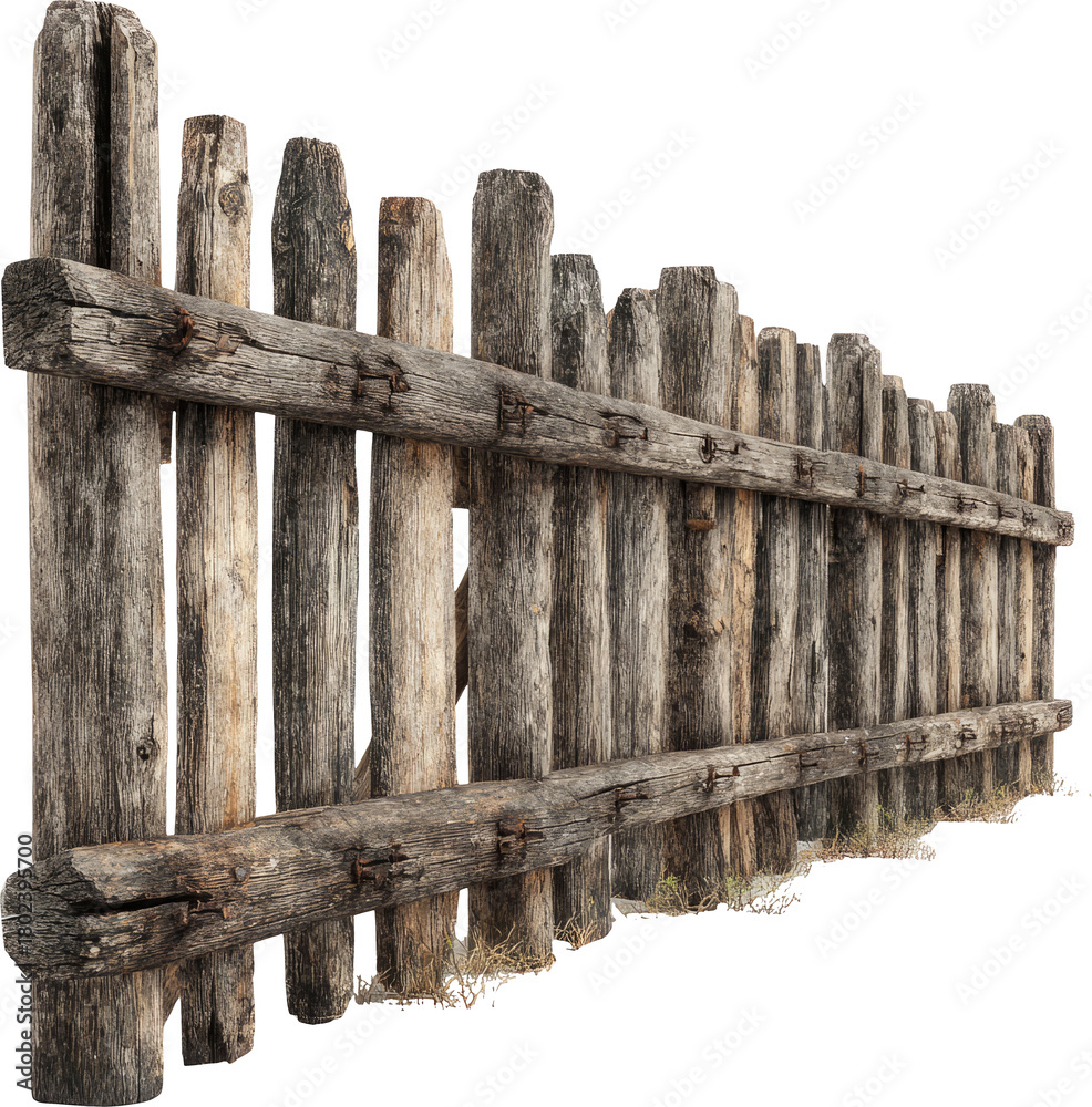 Obraz premium Rustic Wooden Fence: Weathered Planks Blend with Natural Elements in a Rustic Outdoor Setting
