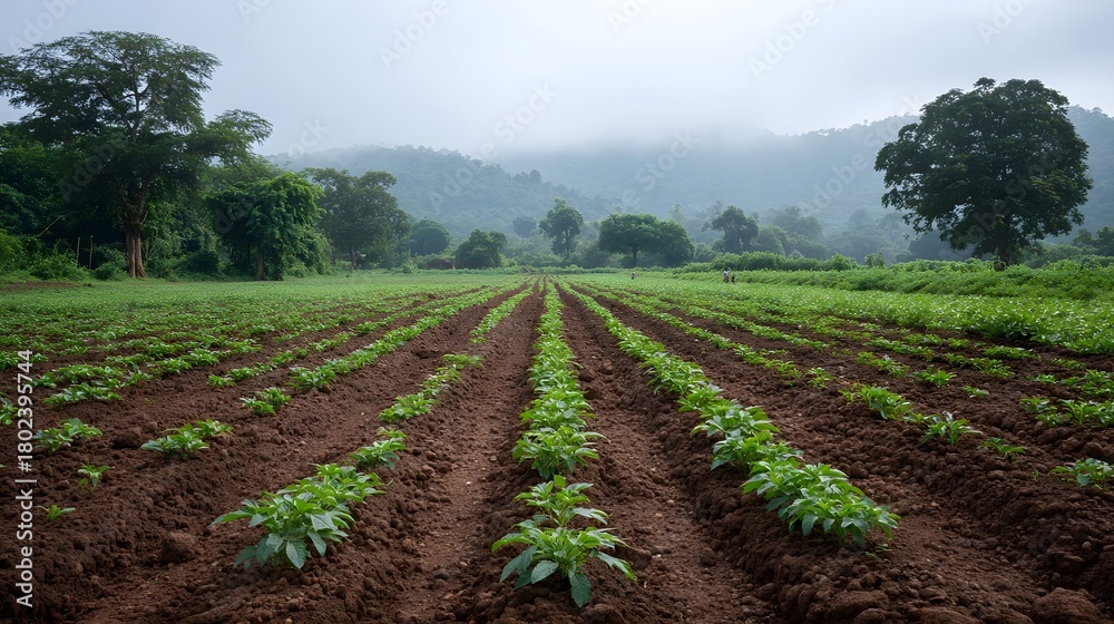 Obraz premium A vast agricultural field with young green plants in neat rows set against a misty mountainous landscape