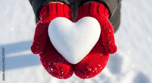 Hands in red mittens holding a white heart shaped snowball in the snow