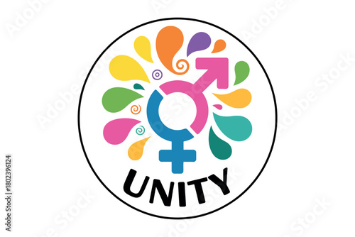 Symbol of unity and diversity celebrates gender equality with vibrant splashes of color.