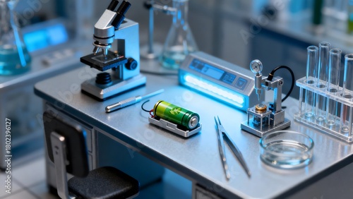 A miniature laboratory scene featuring tiny eco batteries and research tools. Ideal for innovation, clean energy, and scientific visuals
