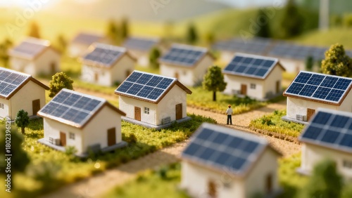 A detailed miniature village featuring tiny houses with rooftop solar panels, created as a clean eco-tech diorama. Perfect for sustainability, renewable energy, and environmental concepts