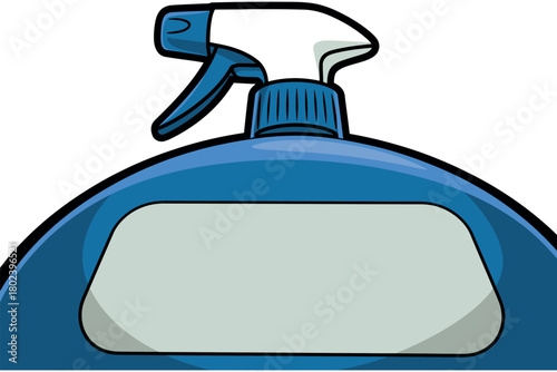 A blue spray bottle with a blank label sits ready for cleaning tasks.