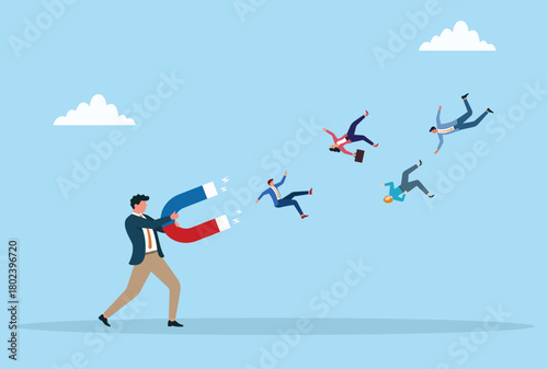 Vector illustration of a businessman using a giant magnet to attract other business people, symbolizing networking, leadership, influence, and talent attraction
