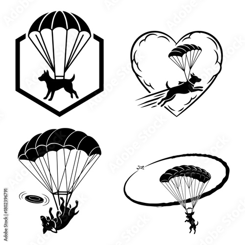 Dog sky diving symbol collection of dog silhouettes with parachute isolated on in various designs