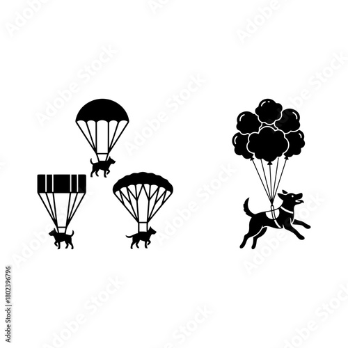 Dog sky diving symbol collection of dog with parachute and balloon isolated on