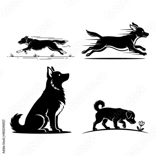 Dog sky diving symbol four different dog breeds in various poses isolated on in black color