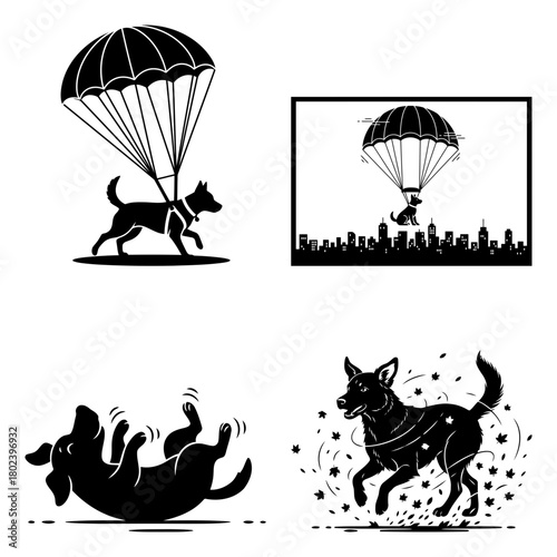 Dog sky diving symbol collection of silhouettes showing a dog with a parachute and playing, isolated on