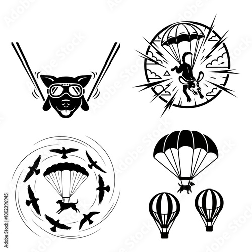 Dog sky diving symbol collection of dog silhouettes with parachute isolated on for design needs