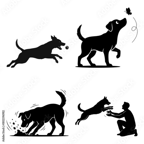 Dog sky diving symbol collection of silhouettes showing a dog playing and jumping, isolated on