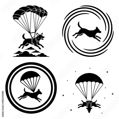 Dog sky diving symbol collection of dog silhouette illustrations with parachute, running and jumping isolated on