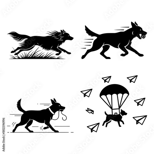 Dog sky diving symbol collection of dog silhouettes in various running poses isolated on for design