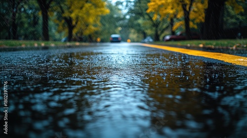 Raindrops splash on the pavement as vibrant leaves sway in the breeze
