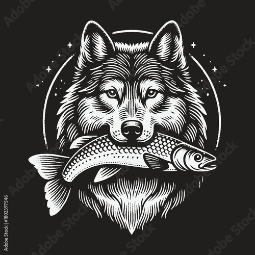 Black and White Wolf Portrait Holding a Fish in its Mouth.